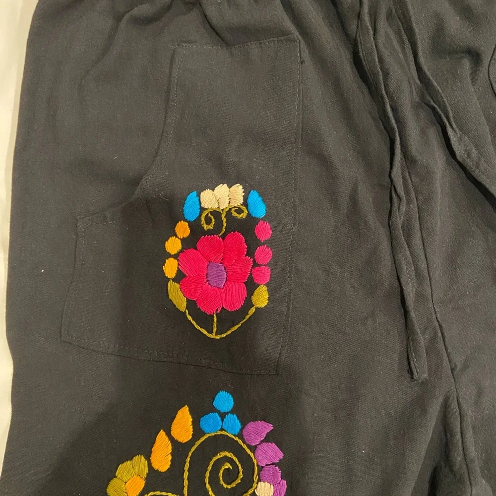 Black embroidered draw string pants. - Picture 2 of 4
